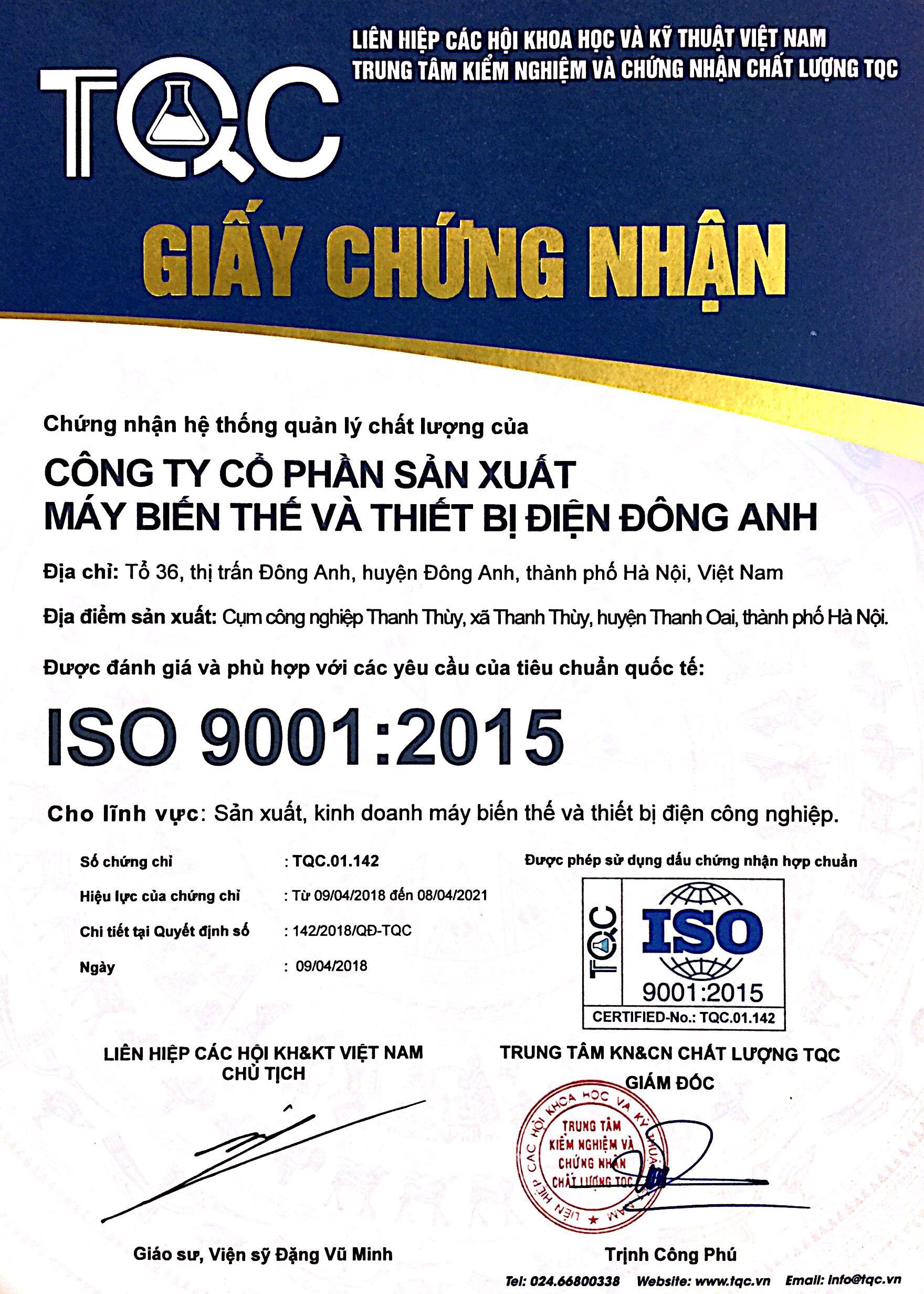 Chứng nhận ISO 9001:2015 - Máy Biến áp Đông Anh - Công Ty CP SX Máy Biến Thế Và Thiết Bị Điện Đông Anh