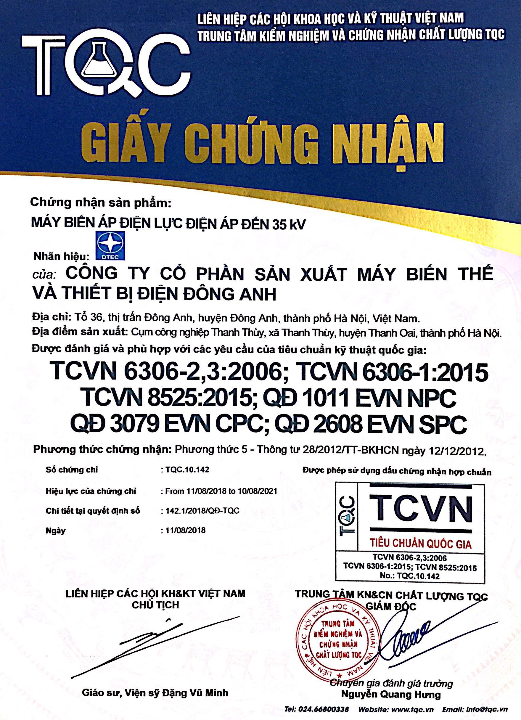 Chứng nhận TCVN - Máy Biến áp Đông Anh - Công Ty CP SX Máy Biến Thế Và Thiết Bị Điện Đông Anh