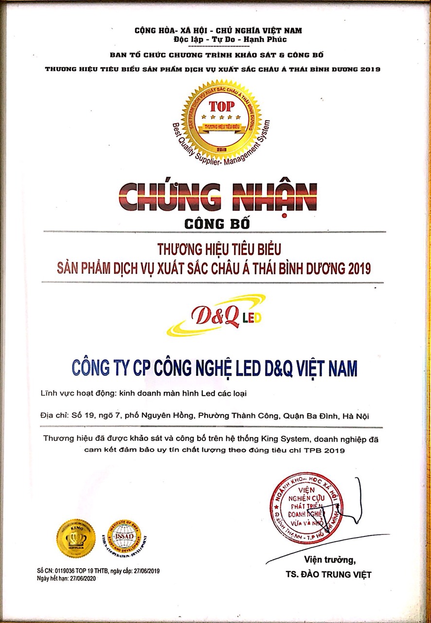 Chứng nhận thương hiệu tiêu biểu - Led D&Q Việt Nam - Công Ty Cổ Phần Công Nghệ Led D&Q Việt Nam