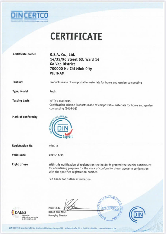 Chứng nhận - Nhựa Phân Hủy Sinh Học Một Bước Tiến - Công Ty TNHH Sản Xuất Thương Mại Dịch Vụ Một Bước Tiến