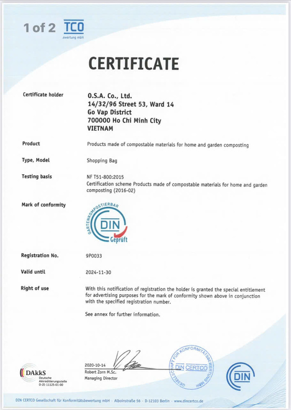 Chứng nhận - Nhựa Phân Hủy Sinh Học Một Bước Tiến - Công Ty TNHH Sản Xuất Thương Mại Dịch Vụ Một Bước Tiến