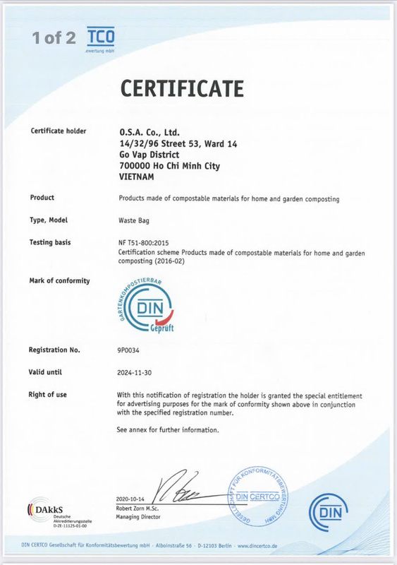 Chứng nhận - Nhựa Phân Hủy Sinh Học Một Bước Tiến - Công Ty TNHH Sản Xuất Thương Mại Dịch Vụ Một Bước Tiến