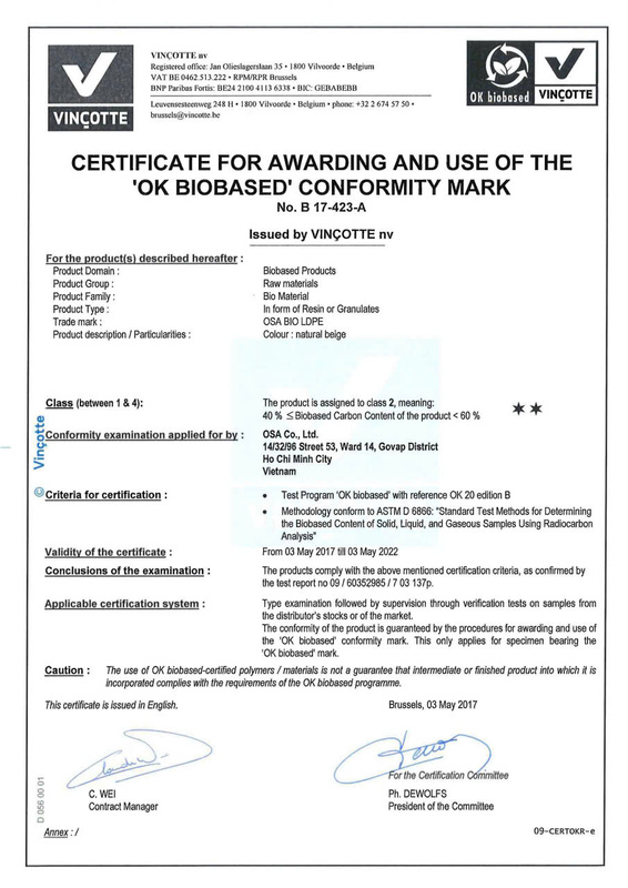 Chứng nhận - Nhựa Phân Hủy Sinh Học Một Bước Tiến - Công Ty TNHH Sản Xuất Thương Mại Dịch Vụ Một Bước Tiến