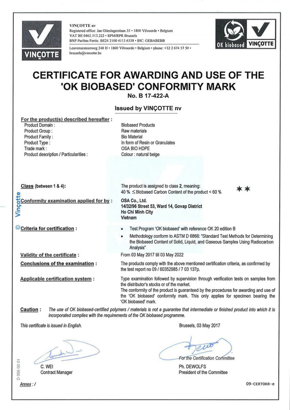 Chứng nhận - Nhựa Phân Hủy Sinh Học Một Bước Tiến - Công Ty TNHH Sản Xuất Thương Mại Dịch Vụ Một Bước Tiến