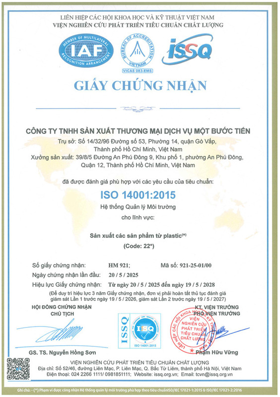 Chứng nhận ISO 14001:2015 - Nhựa Phân Hủy Sinh Học Một Bước Tiến - Công Ty TNHH Sản Xuất Thương Mại Dịch Vụ Một Bước Tiến