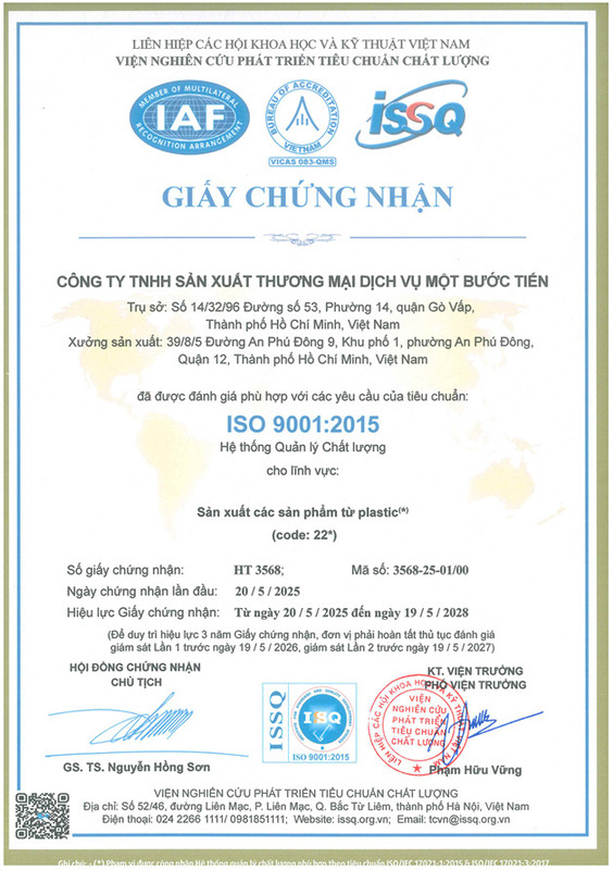 Chứng nhận ISO 9001:2015 - Nhựa Phân Hủy Sinh Học Một Bước Tiến - Công Ty TNHH Sản Xuất Thương Mại Dịch Vụ Một Bước Tiến