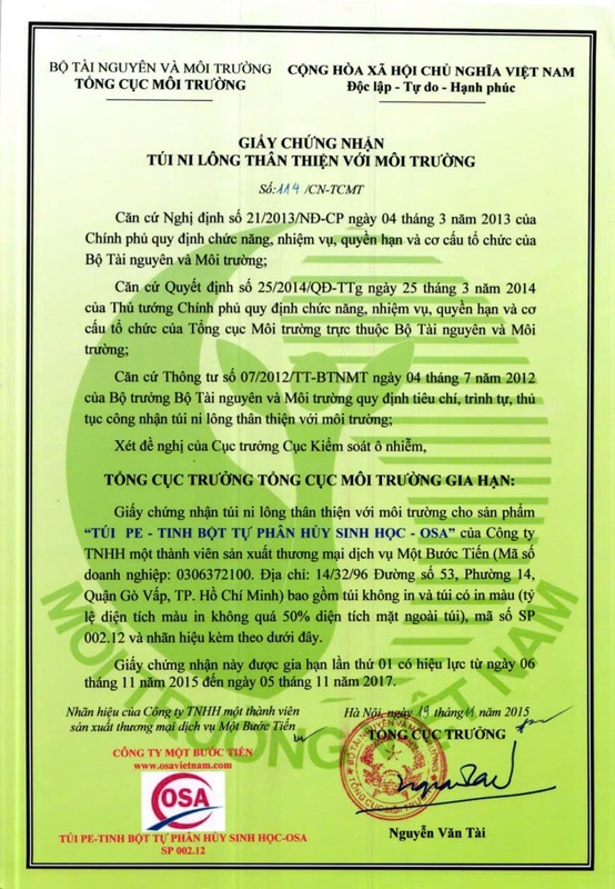 Chứng nhận túi nilon thân thiện với môi trường - Nhựa Phân Hủy Sinh Học Một Bước Tiến - Công Ty TNHH Sản Xuất Thương Mại Dịch Vụ Một Bước Tiến