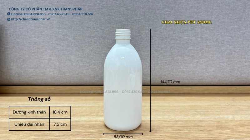 Chai nhựa PET 250ml trắng sứ 24 - Chai Thủy Tinh TRANSPHAR  - Công Ty Cổ Phần Thương Mại Và Xuất Nhập Khẩu TRANSPHAR
