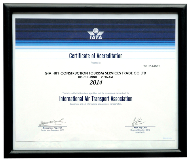 Chứng nhận IATA - Du Lịch Gia Huy - Công Ty TNHH Thương Mại Dịch Vụ Du Lịch Xây Dựng Gia Huy