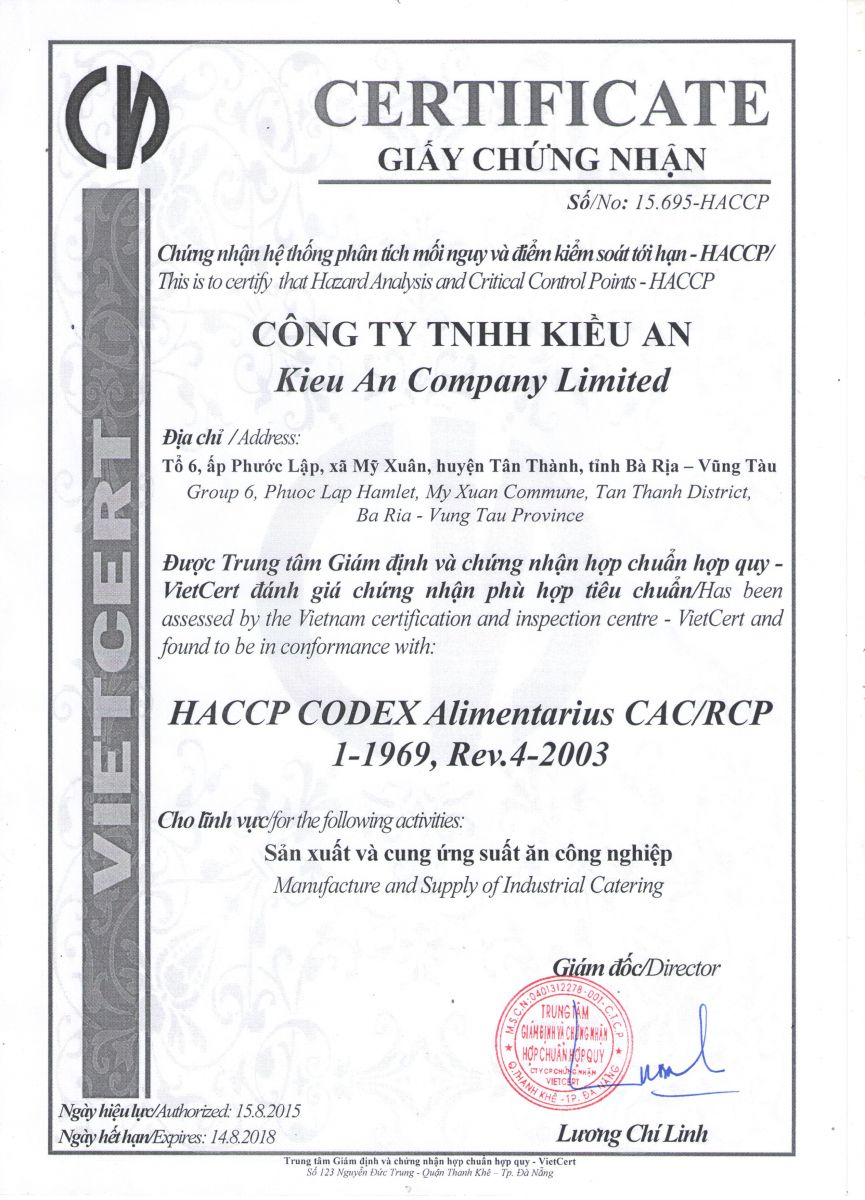 Chứng nhận HACCP 2015 - Suất Ăn Công Nghiệp Kiều An - Công Ty Trách Nhiệm Hữu Hạn Kiều An