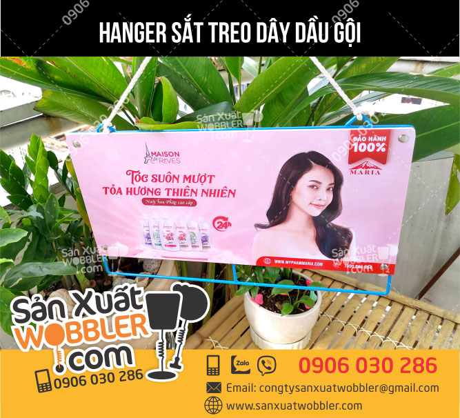 Mẫu hanger sắt treo dầu gội đầu Maria - In ấn Quảng Cáo Quang Hưng - Công Ty TNHH Một Thành Viên In ấn Quang Hưng