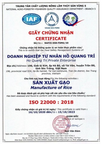 Giấy chứng nhận đạt tiêu chuẩn ISO 22000: 2018 gạo ST25 - Gạo Phương Nam - Công Ty Cổ Phần Lương Thực Phương Nam