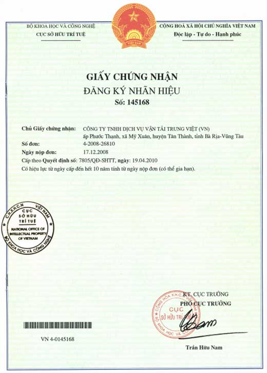 Giấy chứng nhận ĐK nhãn hiệu - Vận Tải Trung Việt - Công Ty TNHH Dịch Vụ Vận Tải Trung Việt