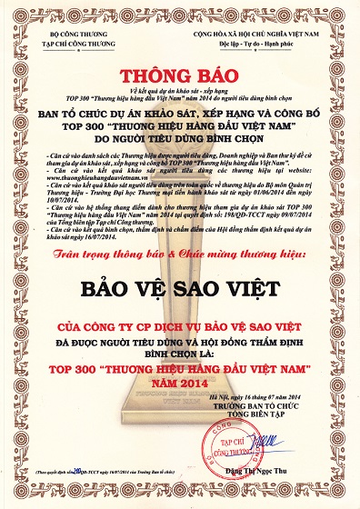 TOP 300 thương hiệu hàng đầu Việt Nam - Công Ty CP Dịch Vụ Bảo Vệ Sao Việt