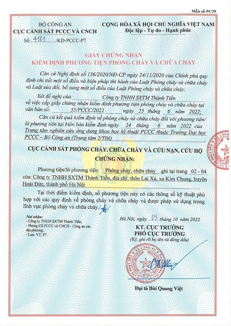 Chứng nhận  - Công Ty TNHH Sản Xuất Thương Mại Thành Tiến