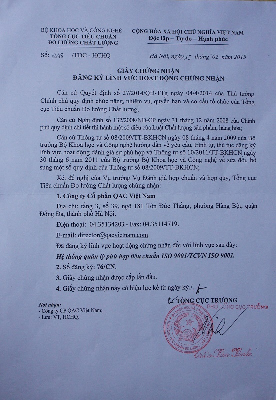 Chứng chỉ, chứng nhận - VPĐD - Công Ty Cổ Phần QAC Việt Nam