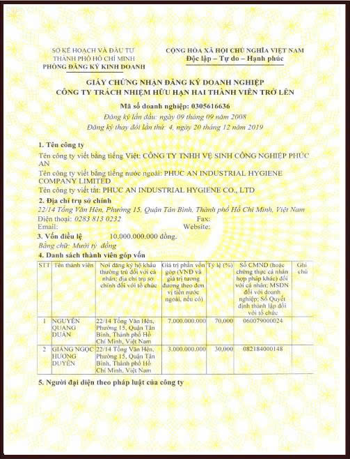 Chứng nhận - Vệ Sinh Công Nghiệp Phúc An - Công Ty TNHH Vệ Sinh Công Nghiệp Phúc An