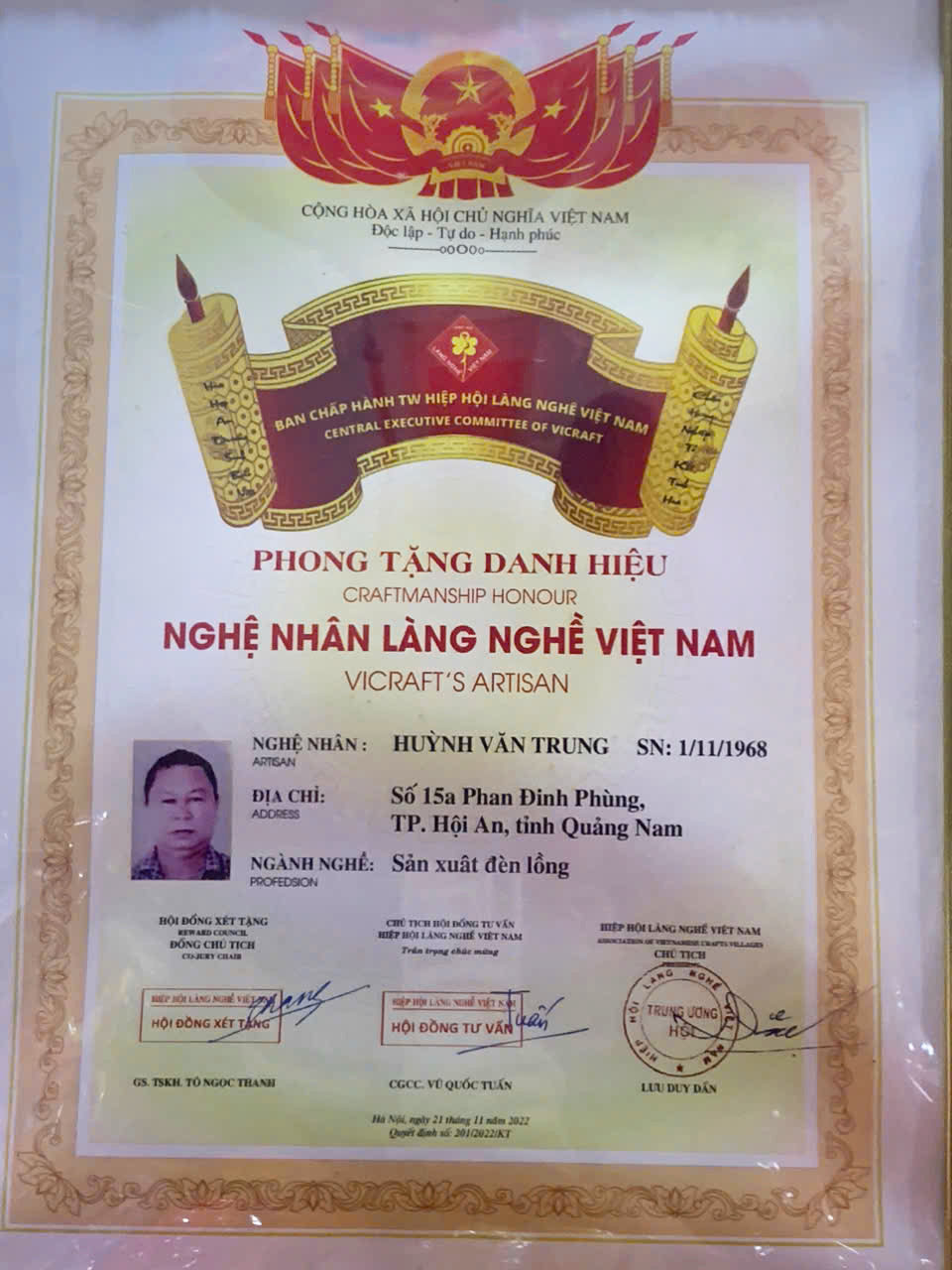 Bằng khen nghệ nhân làng nghề - Đèn Lồng Hội Ba - Xưởng Sản Xuất Đèn Lồng Huỳnh Văn Ba