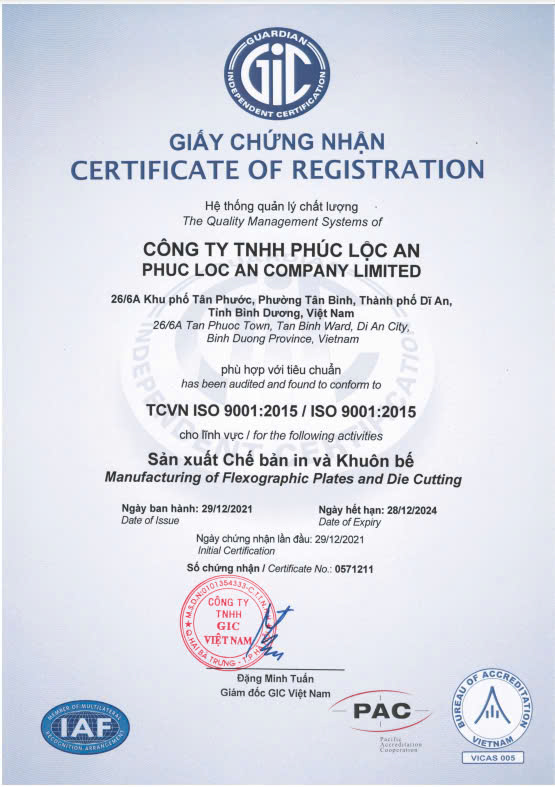 Chứng nhận - Bản In, Khuôn Bế Phúc Lộc An - Công Ty TNHH Phúc Lộc An