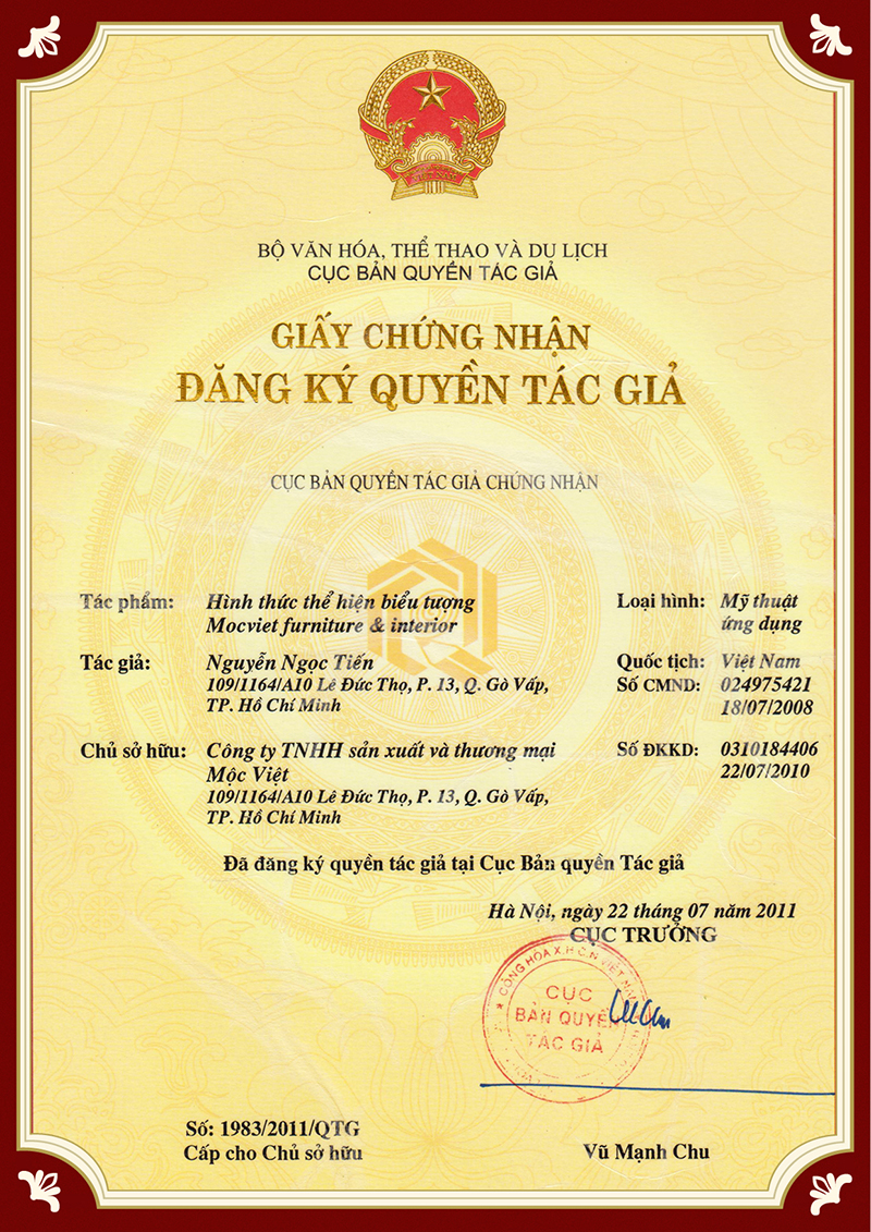 Giấy chứng nhận đăng ký quyền tác giả - Nội Thất Mộc Việt - Công Ty TNHH Sản Xuất Và Thương Mại Mộc Việt
