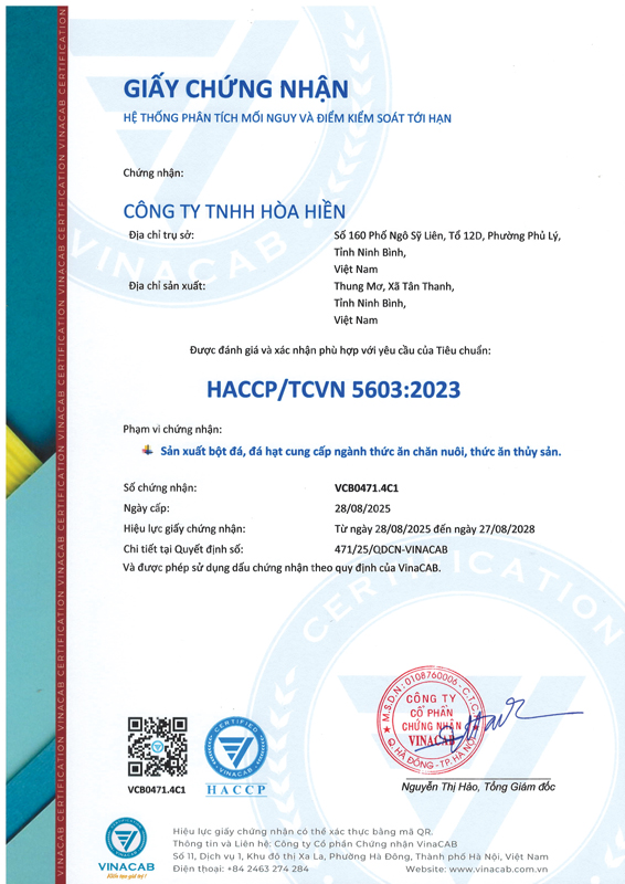 Chứng nhận HACCP TCVN 5603:2023 - Bột Đá Hòa Hiền - Công Ty TNHH Hòa Hiền