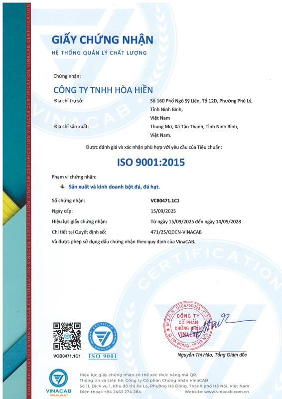 Chứng nhận ISO 9001:2015 - Bột Đá Hòa Hiền - Công Ty TNHH Hòa Hiền