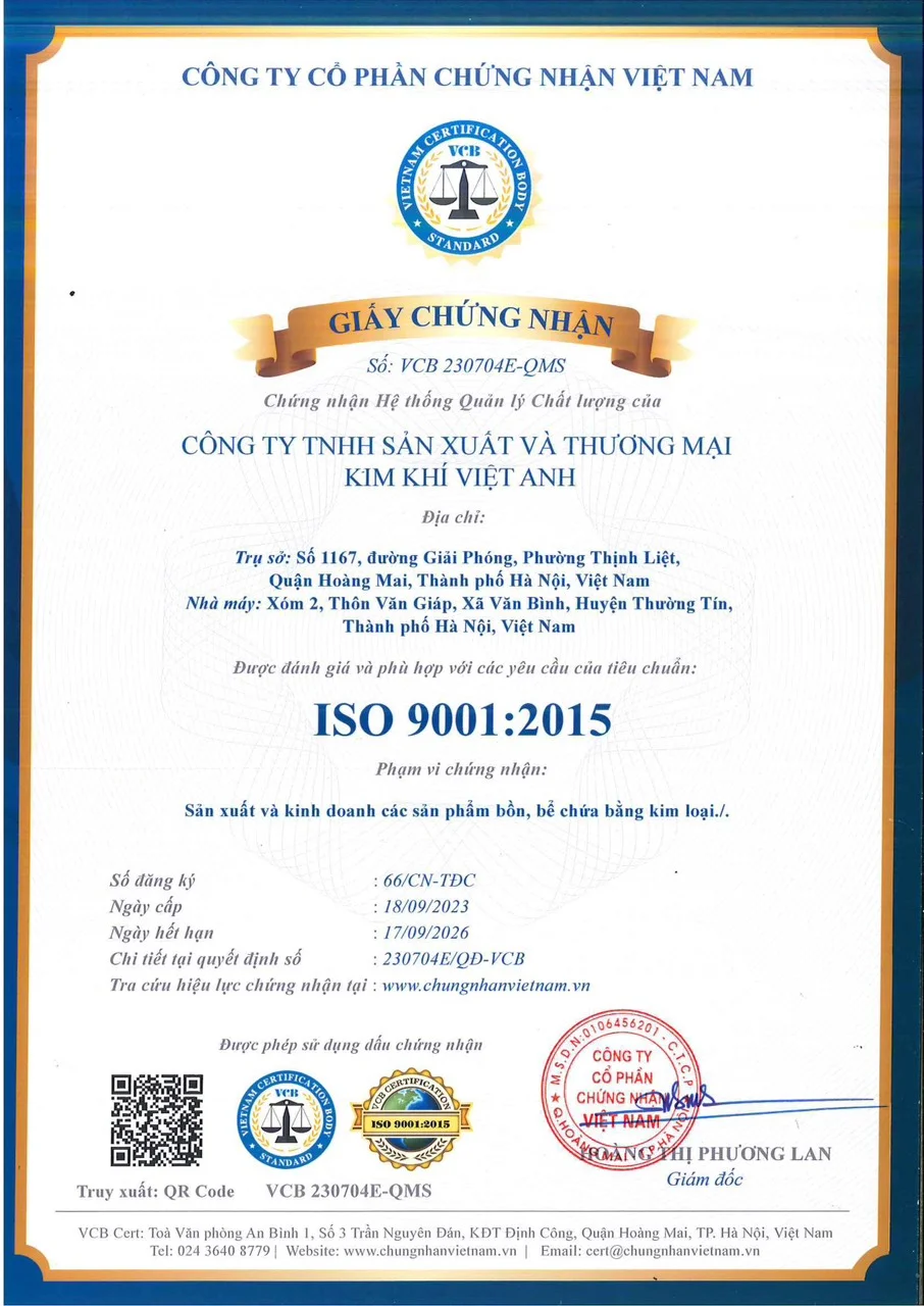 Chứng nhận ISO 9001:2015 - Inox Việt Anh - Công Ty TNHH Sản Xuất Và Thương Mại Kim Khí Việt Anh