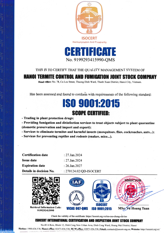 ISO 9001:2015 - Diệt Côn Trùng TCFC Hà Nội - Công Ty Cổ Phần Trừ Mối Khử Trùng Hà Nội