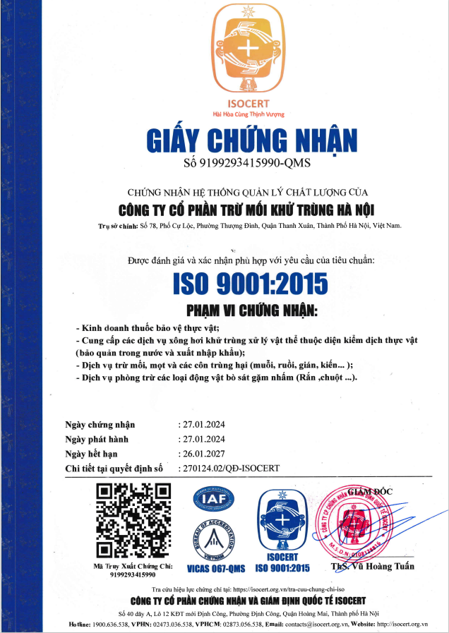 ISO 9001:2015 - Diệt Côn Trùng TCFC Hà Nội - Công Ty Cổ Phần Trừ Mối Khử Trùng Hà Nội