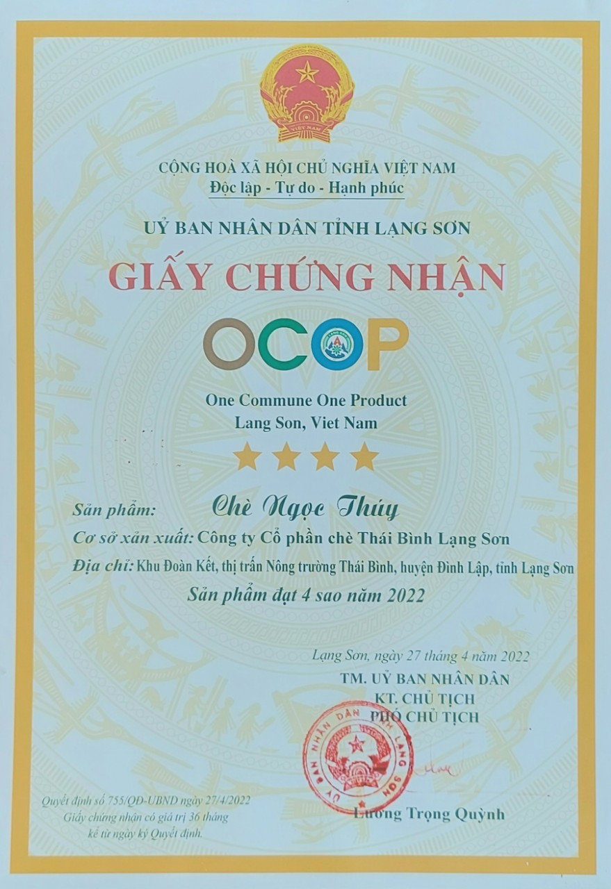 Chứng nhận - Chè Thái Bình Lạng Sơn - Công Ty Cổ Phần Chè Thái Bình Lạng Sơn