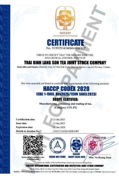 Chứng nhận - Chè Thái Bình Lạng Sơn - Công Ty Cổ Phần Chè Thái Bình Lạng Sơn