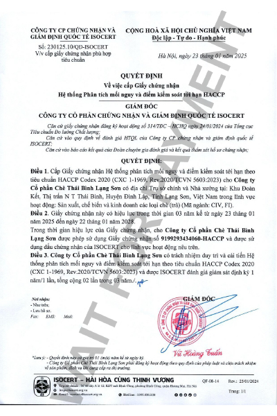 Chứng nhận - Chè Thái Bình Lạng Sơn - Công Ty Cổ Phần Chè Thái Bình Lạng Sơn