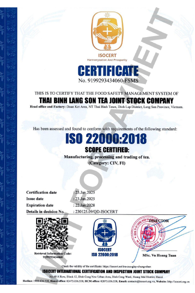 Chứng nhận - Chè Thái Bình Lạng Sơn - Công Ty Cổ Phần Chè Thái Bình Lạng Sơn