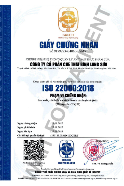 Chứng nhận - Chè Thái Bình Lạng Sơn - Công Ty Cổ Phần Chè Thái Bình Lạng Sơn