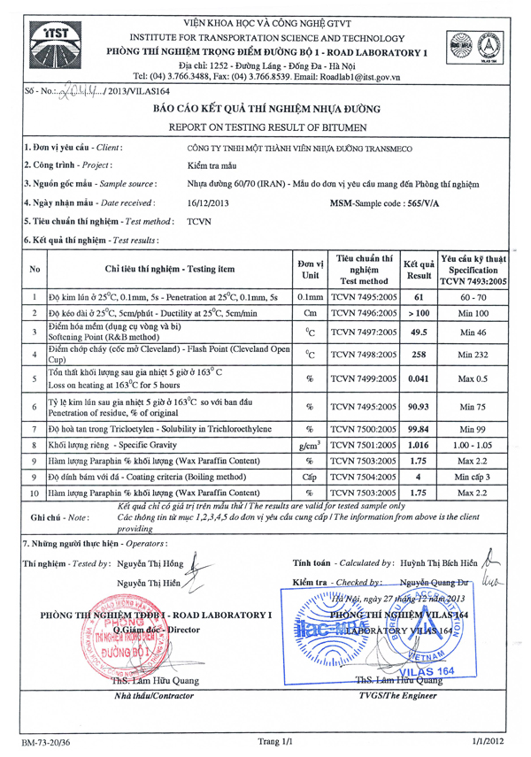 Kết quả thí nghiệm nhựa đường