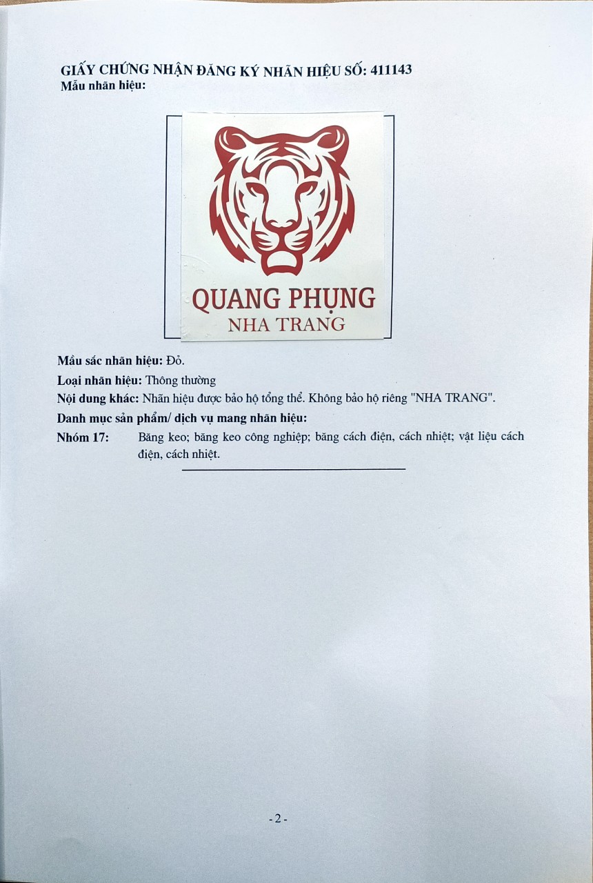Đăng ký nhãn hiệu - Băng Keo Quang Phụng - Công Ty TNHH Sản Xuất và Thương Mại Quang Phụng NT