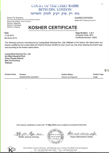 Chứng nhận KOSHER - KOSHER CERTIFICATE - Công Ty TNHH Chế Biến Dừa Lương Quới