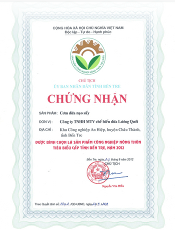 Chứng nhận sản phẩm công nghiệp tiêu biểu bến tre - Công Ty TNHH Chế Biến Dừa Lương Quới