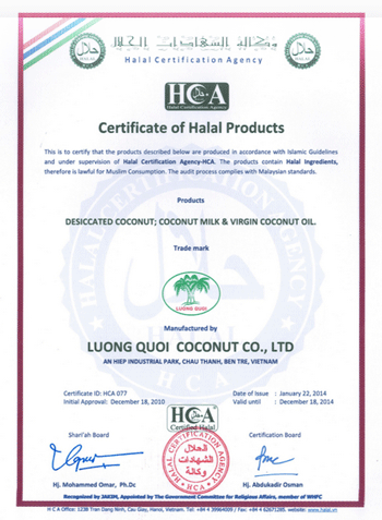 Chứng nhận CERTIFICATE OF HALAL PRODUCTS - Công Ty TNHH Chế Biến Dừa Lương Quới