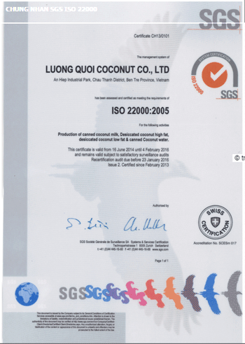 Chứng nhận SGS ISO 22000 - Công Ty TNHH Chế Biến Dừa Lương Quới