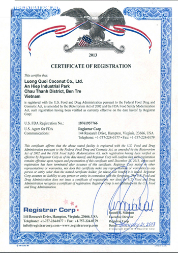 Chứng nhận FDA REGISTRATION 2013 - Công Ty TNHH Chế Biến Dừa Lương Quới