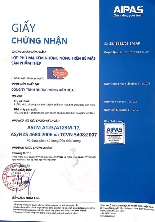 Chứng nhận ASTM - Mạ Kẽm Nhúng Nóng Biên Hòa - Công Ty TNHH Nhúng Nóng Biên Hòa