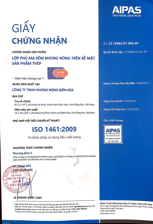 Chứng nhận ISO 1461:2009 - Mạ Kẽm Nhúng Nóng Biên Hòa - Công Ty TNHH Nhúng Nóng Biên Hòa