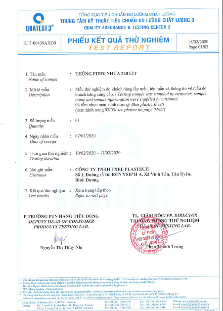 Phiếu kết quả tử nghiệm TT3 - Thùng Phuy Exel Plastech - Công Ty TNHH Exel Plastech (Trực thuộc Tập Đoàn Time Technoplast.Ltd)