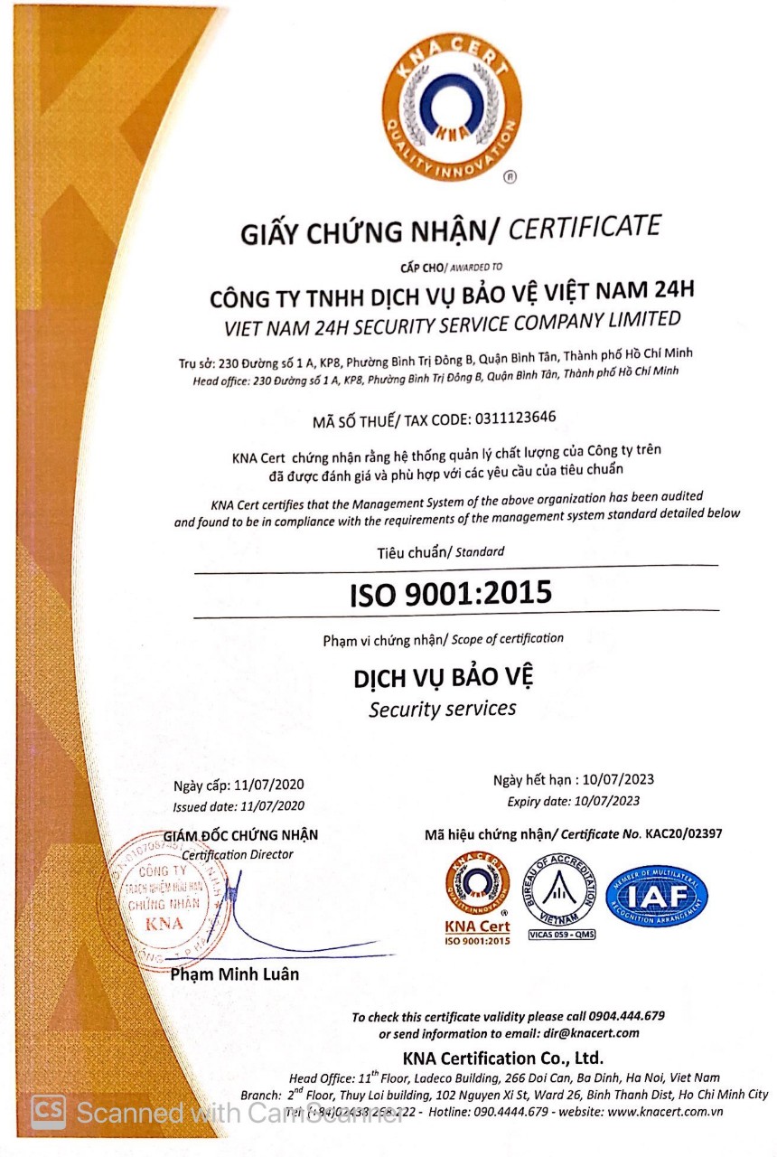 Chứng nhận ISO - Bảo Vệ Việt Nam 24H - Công Ty TNHH Dịch Vụ Bảo Vệ Việt Nam 24H