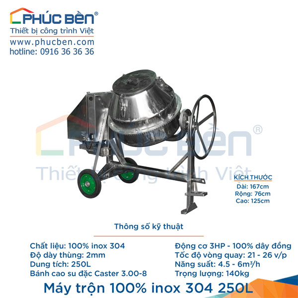 Máy trộn 100% inox 304 250L - Thiết Bị Xây Dựng Phúc Bền - Công Ty TNHH Một Thành Viên Sản Xuất Thương Mại Phúc Bền