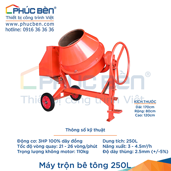 Máy trộn bê tông 250L - Thiết Bị Xây Dựng Phúc Bền - Công Ty TNHH Một Thành Viên Sản Xuất Thương Mại Phúc Bền