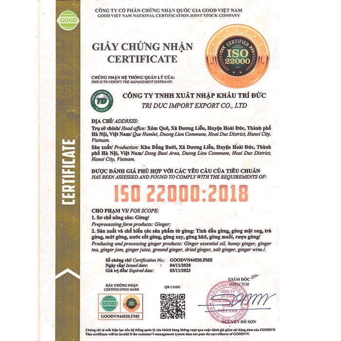 Giấy chứng nhận - Gừng Trí Đức - Công Ty TNHH Xuất Nhập Khẩu Trí Đức
