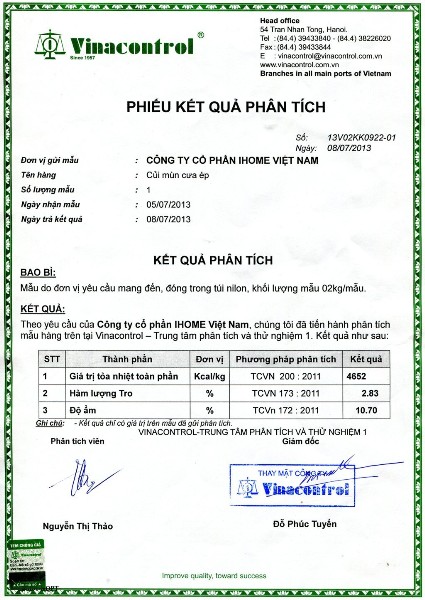 Phiếu kết quả phân tích củi mùn cưa - IHome Việt Nam - Công Ty Cổ Phần iHome Việt Nam