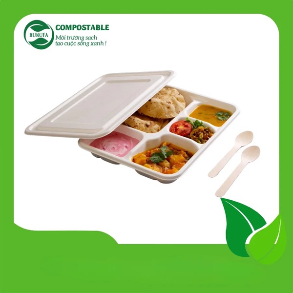 Hộp 5 ngăn từ bã mía - Bao Bì Thực Phẩm Dùng 1 Lần Hunufa - Công Ty TNHH Hunufa
